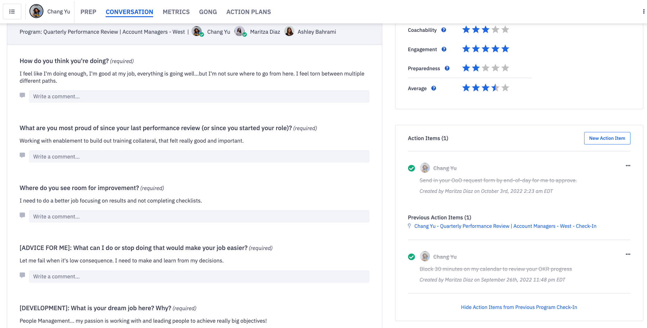 Use action items to document and answer questions during a coaching session