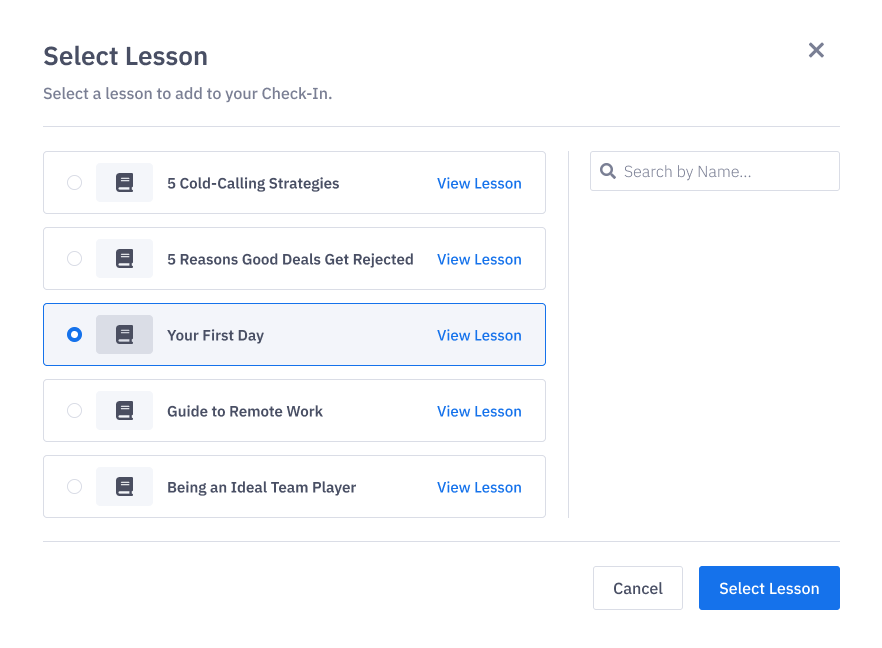 Select a Lessonly lesson to add to your coaching agenda with the Lessonly by Seismic integration. 